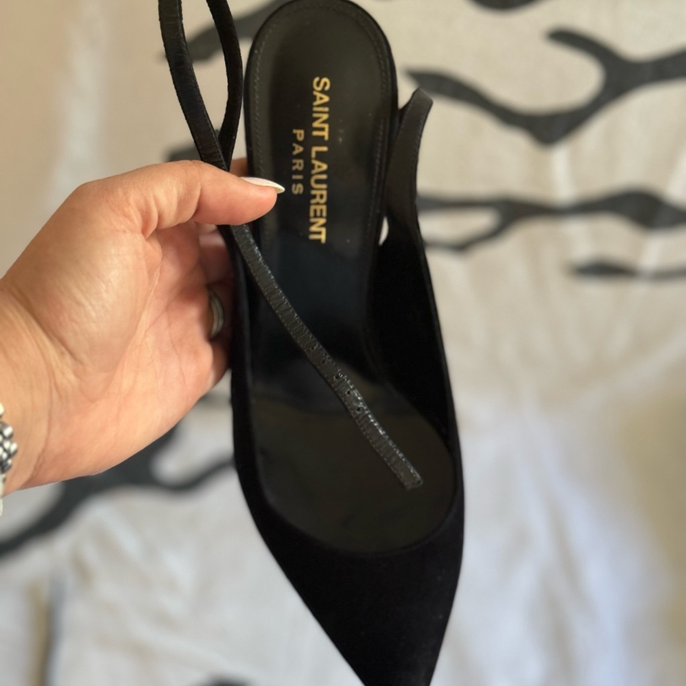 Saint Laurent Black Slingback Heels with Logo Heel - Picture 2 of 5